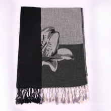 Lenço de algodão preto para senhoras Pashmina de inverno com padrão de flor Jacquard